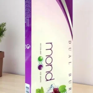 Mond Dual Burst บุหรี่เย็นสองเม็ดบีบ: แพ็กเกจสีน้ำเงินเขียวสะท้อนความเย็นสดชื่น เห็นโลโก้ Mond ชัดเจน