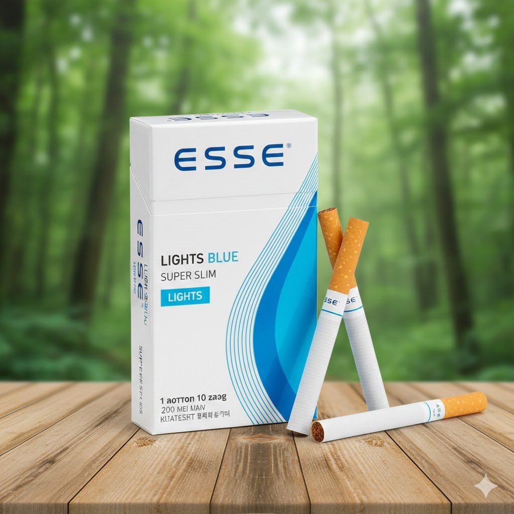 บุหรี่ ESSE Lights Blue ซองสีขาวลายกราฟิกสีฟ้า มวนซูเปอร์สลิมวางบนโต๊ะไม้ฉากหลังป่าสีเขียว