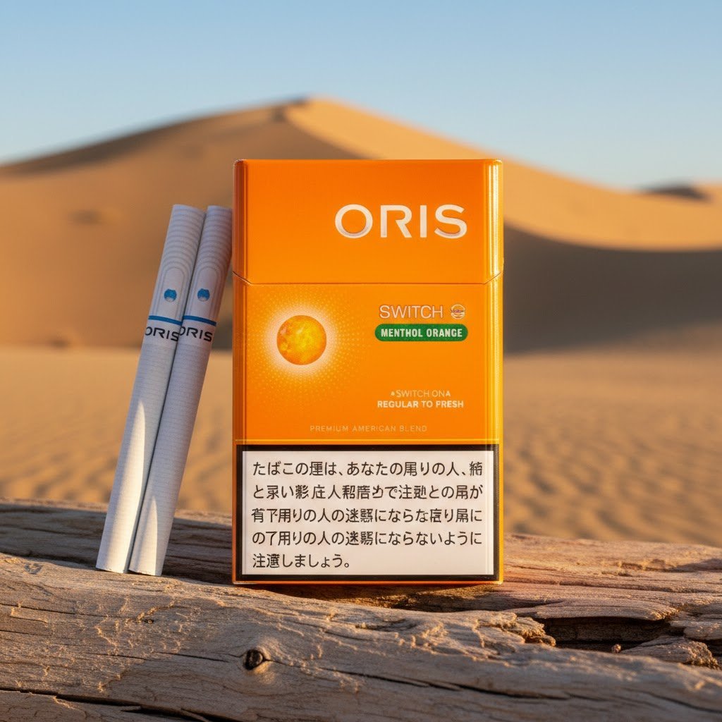 ซองบุหรี่ Oris Switch Menthol Orange สีส้มสดใส วางบนขอนไม้ฟอกขาวกลางทะเลทราย พร้อมมวนซุปเปอร์สลิม