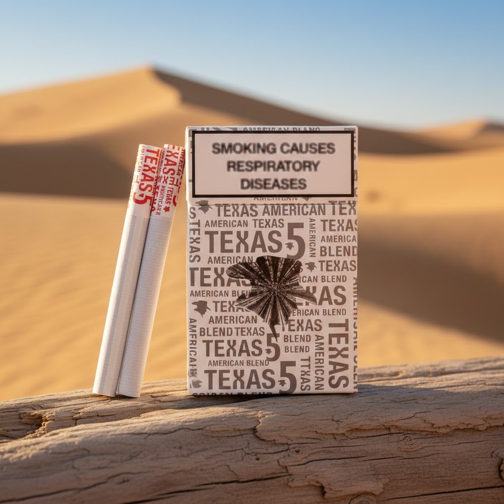ซองบุหรี่ Texas 5 Silver สีเงินเทา วางบนขอนไม้แห้งท่ามกลางวิวทะเลทรายสีทอง