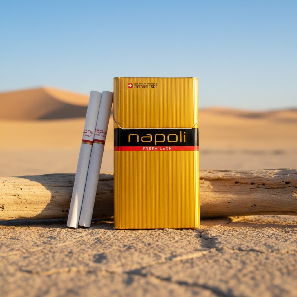บุหรี่ Napoli Gold ซองสีทองแบบพรีเมี่ยม วางพิงขอนไม้บนพื้นทรายในทะเลทราย พร้อมมวนบุหรี่ Queen Size