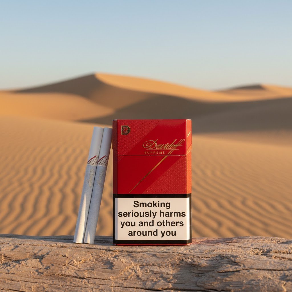ซองบุหรี่ Davidoff Supreme สีแดง วางบนขอนไม้ท่ามกลางทะเลทรายสีทอง สไตล์หรูหราพรีเมียม