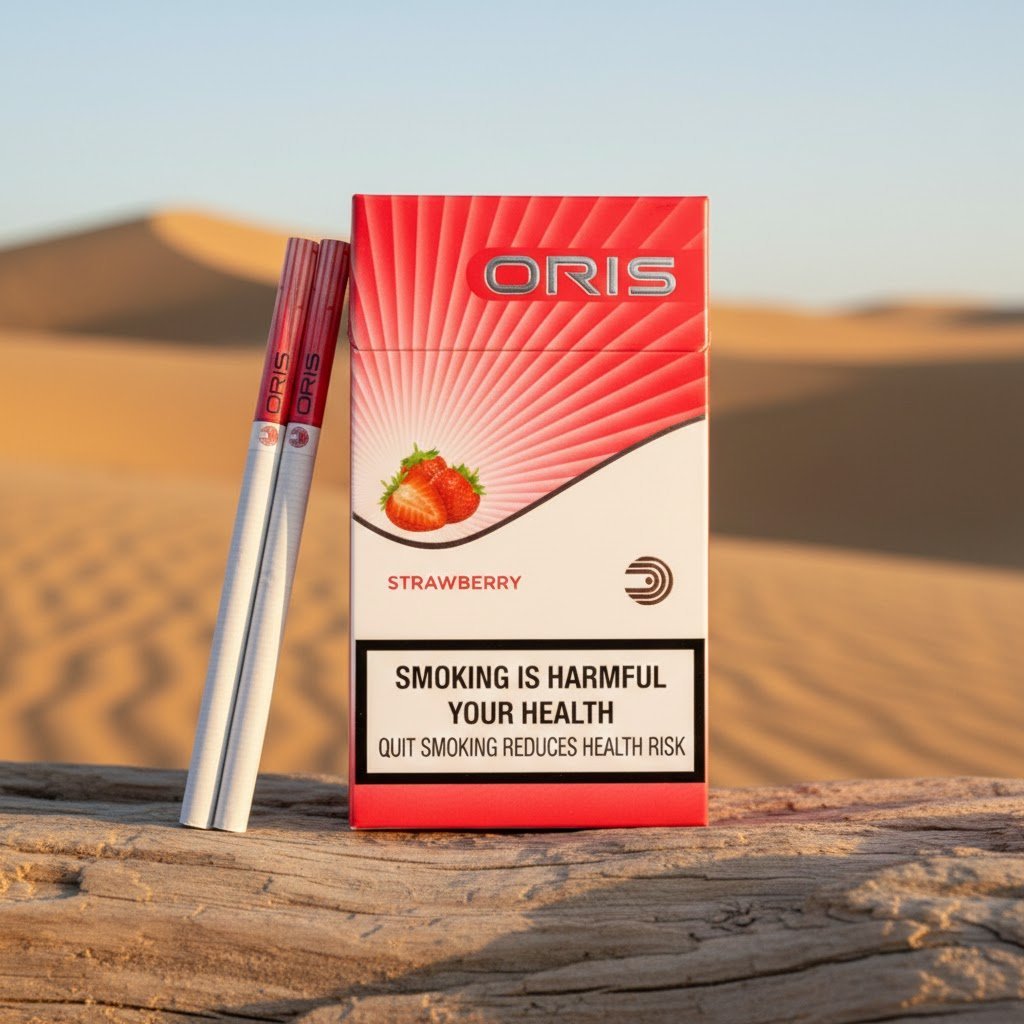 ซองบุหรี่ Oris Strawberry สีขาวแดงลายผลสตรอเบอร์รี่ วางบนท่อนไม้แห้ง ฉากหลังสันทรายสีทอง