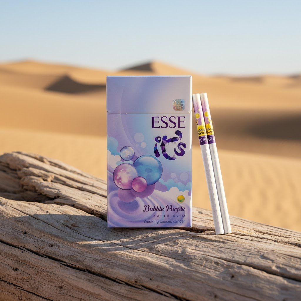 ซองบุหรี่ Esse Bubble Purple สีม่วงพาสเทล ลายฟองสบู่ วางบนท่อนไม้แห้ง ฉากหลังเป็นทะเลทรายและท้องฟ้าใส