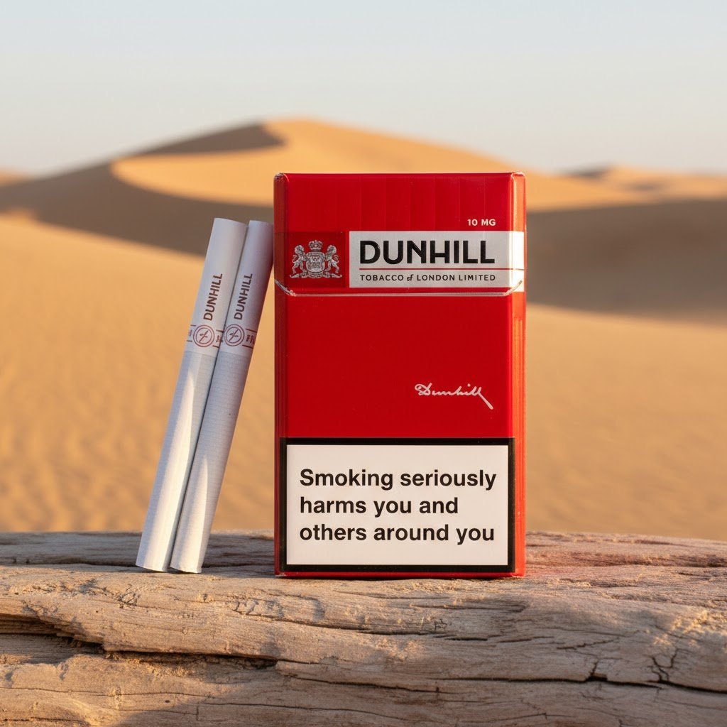 ซองบุหรี่ Dunhill Red 10mg สีแดงสดใส พร้อมมวนบุหรี่ วางบนขอนไม้ท่ามกลางวิวทะเลทรายสีทอง