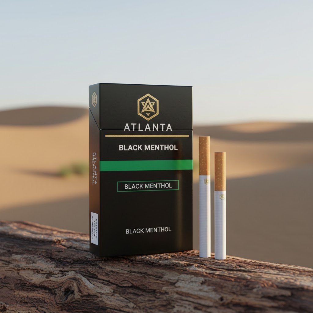 ซองบุหรี่ Atlanta Black Menthol สีดำทองพรีเมียม และมวนบุหรี่ก้นกรองสีน้ำตาล วางบนท่อนไม้ในทะเลทราย แสงแดดอุ่น