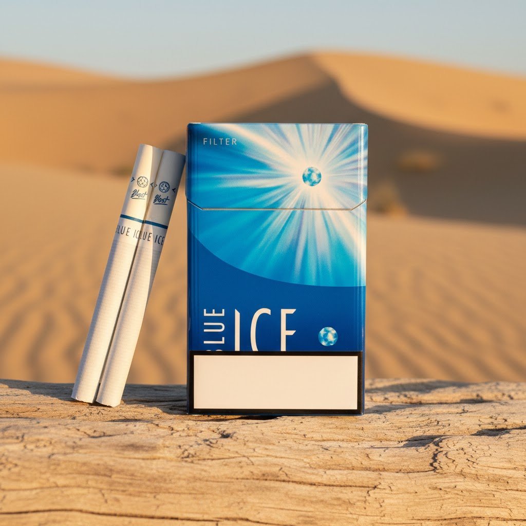 ซองบุหรี่ Blue Ice Blast สีน้ำเงิน ดีไซน์ทันสมัย และมวนบุหรี่ วางบนขอนไม้ในทะเลทราย แสงแดดสีทอง