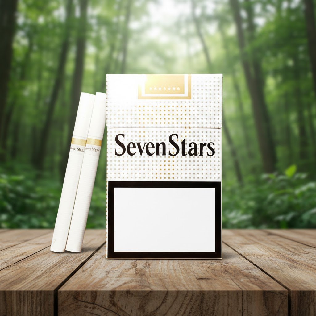 ซองบุหรี่ Seven Stars สีขาวลายจุดเงินสุดคลาสสิก วางบนโต๊ะไม้ท่ามกลางบรรยากาศธรรมชาติป่าสีเขียว