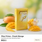 ซองบุหรี่ Pine Prime Fresh Mango วางคู่กับมะม่วงสุกและน้ำแข็ง สื่อถึงความเย็นสดชื่น