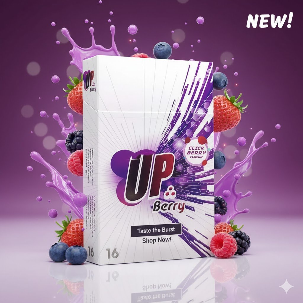 ซองบุหรี่ Up Click Berry ตกแต่งด้วยผลเบอร์รี่สดและเอฟเฟกต์กระจายตัวของความเย็น สื่อถึงความสดชื่นสำหรับวัยทำงาน