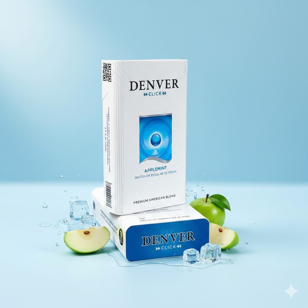 ซองบุหรี่ Denver Apple Mint วางคู่กับแอปเปิ้ลเขียวสดและก้อนน้ำแข็งบนพื้นหลังสีฟ้าสดใส