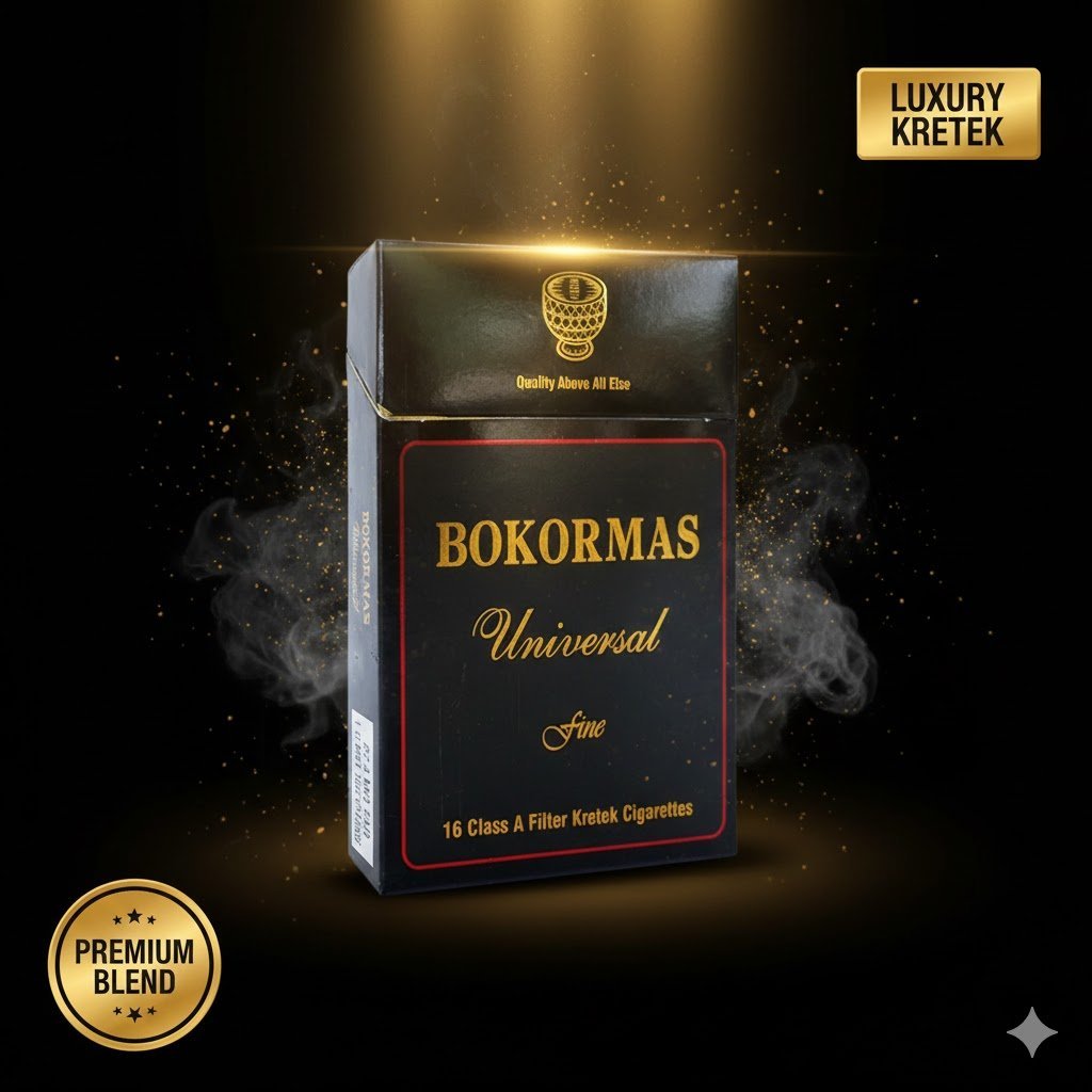 ซองบุหรี่ Bokormas Universal Fine สีดำหรูหราตัดขอบแดงและทอง วางเด่นท่ามกลางควันและประกายแสงสีทอง พร้อมป้าย Luxury Kretek และ Premium Blend