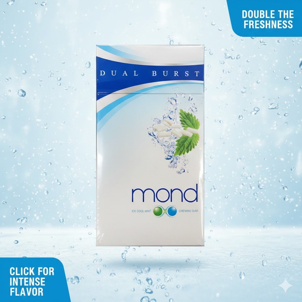 ซองบุหรี่ Mond Dual Burst สีขาวฟ้า ดีไซน์สดชื่น กราฟิกรูปใบมิ้นต์และหมากฝรั่งท่ามกลางละอองน้ำ พร้อมข้อความ Double the Freshness