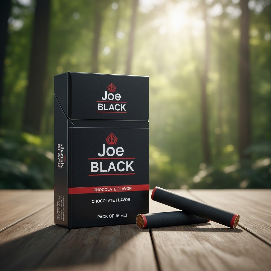 บุหรี่ Joe Black Chocolate Flavor ซองสีดำดีไซน์ดุดัน วางบนโต๊ะไม้ในบรรยากาศแสงธรรมชาติ