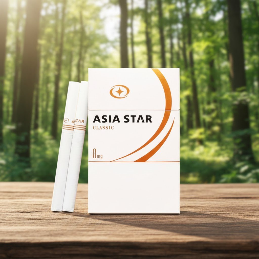 กล่องบุหรี่ Asia Star Classic สีขาวคาดแถบทอง วางบนโต๊ะไม้ฉากหลังป่าไม้ธรรมชาติ