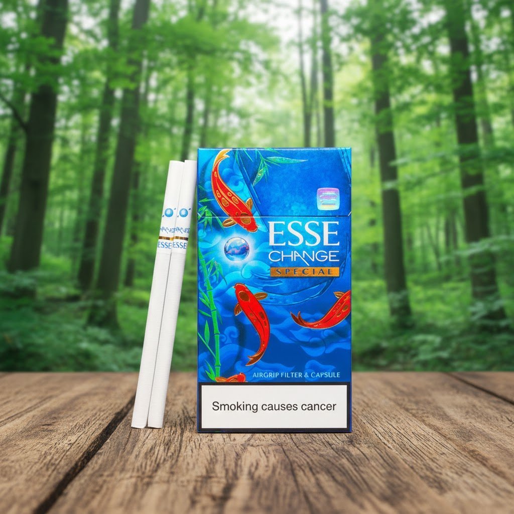 กล่องบุหรี่ ESSE Change Special ลายปลาคราฟสีน้ำเงินสวยงาม วางบนโต๊ะไม้ฉากหลังป่าไม้ธรรมชาติ