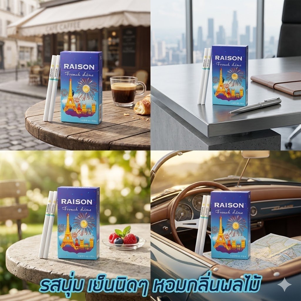ซองบุหรี่ ESSE Lights Super Slim สีขาวฟ้า วางคู่กับมวนบุหรี่แบบสลิมบนพื้นไม้กลางทะเลทราย แสงแดดอุ่น