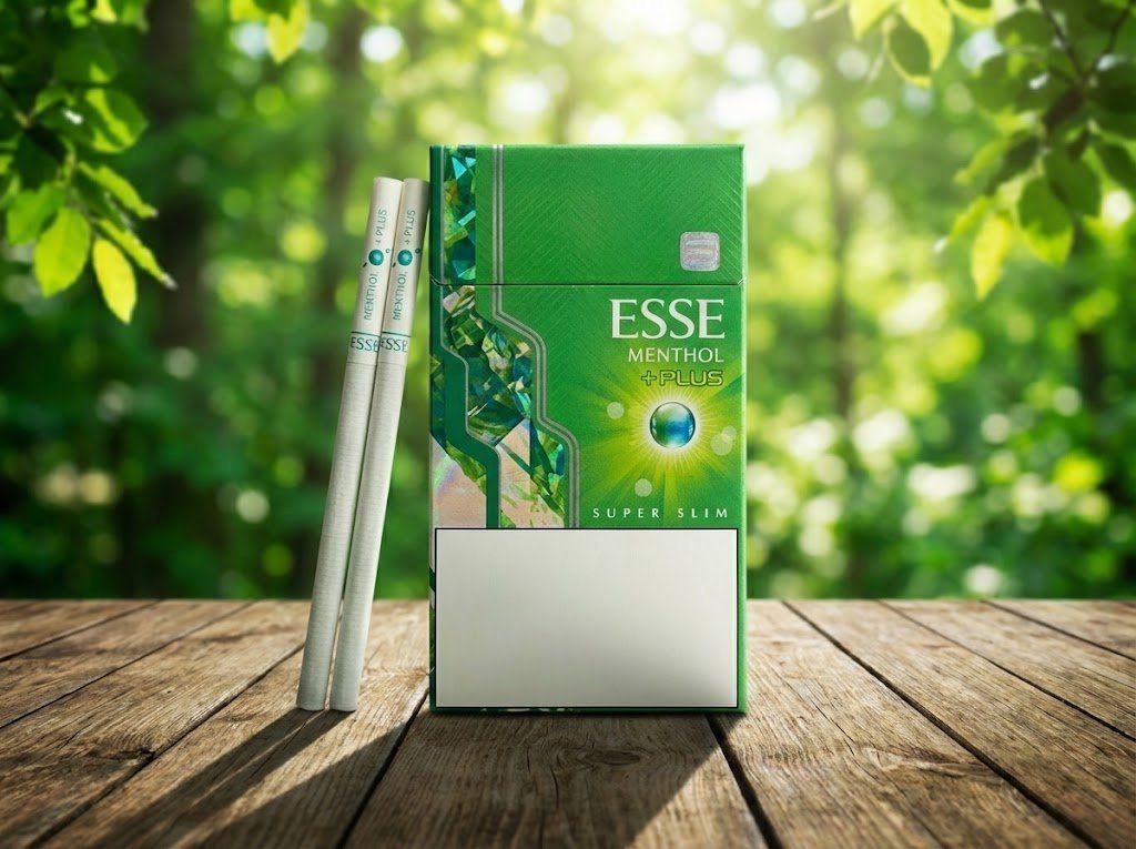 ซองบุหรี่ ESSE Menthol Slim สีขาวคาดเขียวโฮโลแกรม วางบนขอนไม้ในทะเลทราย แสงแดดสีทองพรีเมียม