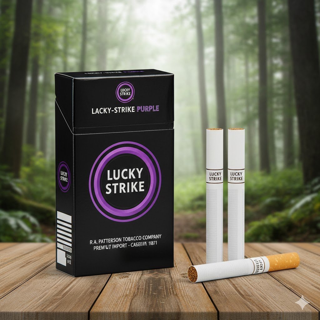 บุหรี่ Lucky Strike Double Click Yellow-Green ซองสีดำแถบเขียวเหลือง วางบนโต๊ะไม้ฉากหลังป่าไม้ธรรมชาติ