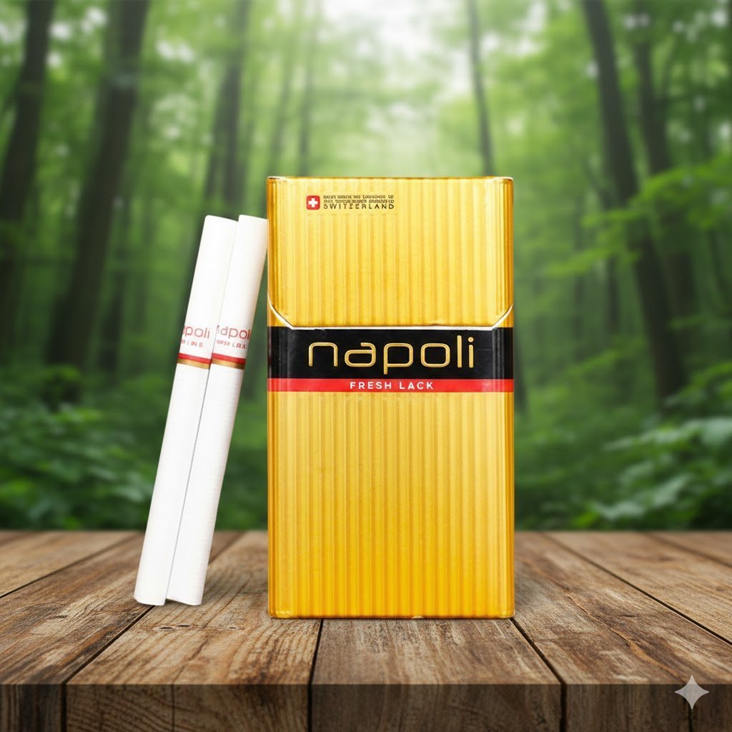 ซองบุหรี่ Napoli Gold สีทองและมวนบุหรี่ วางบนโต๊ะไม้ฉากหลังพื้นหลังป่าสีเขียว