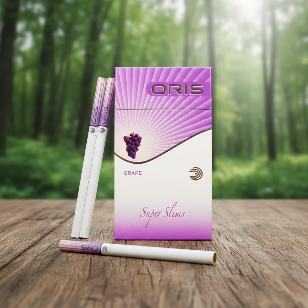 ซองบุหรี่ Oris Chocolate Slims วางบนโต๊ะไม้พร้อมเมล็ดกาแฟและช็อกโกแลต ตกแต่งสไตล์คาเฟ่สำหรับวัยทำงาน