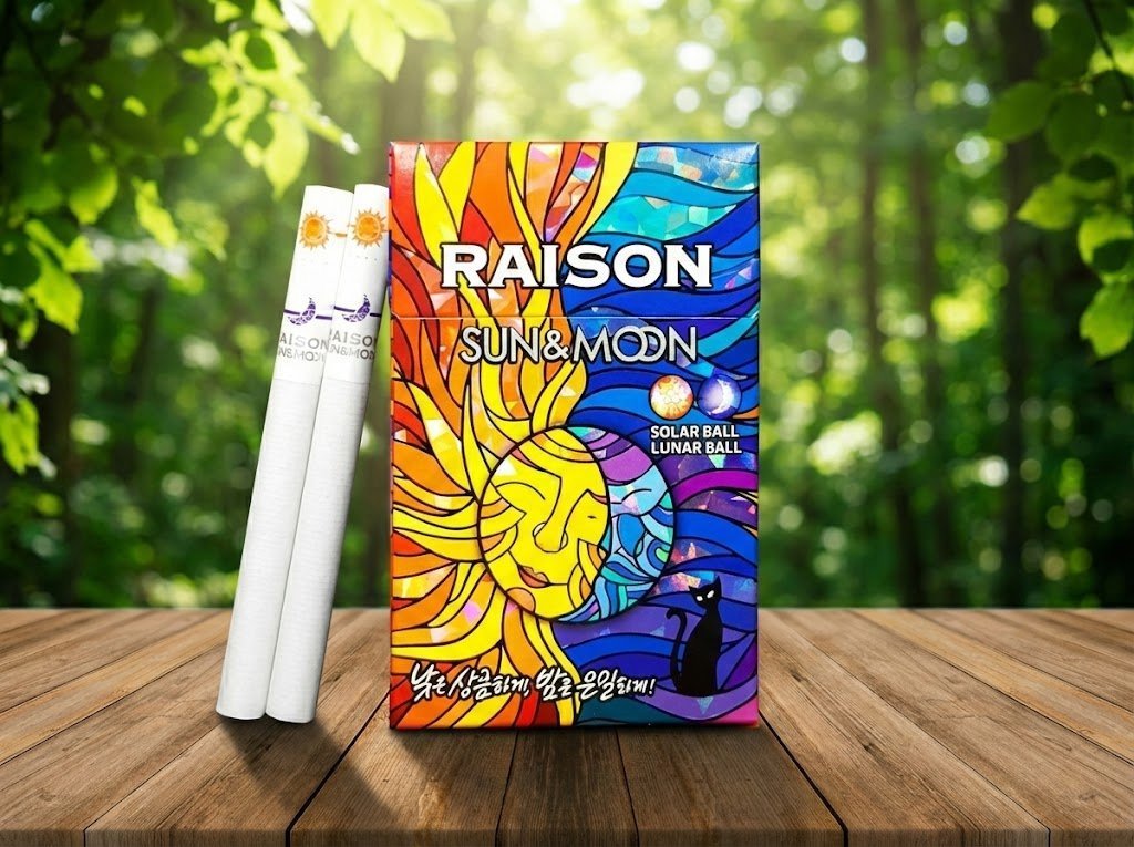 ซองบุหรี่ Raison Sun & Moon ดีไซน์อาร์ตเวิร์กพระอาทิตย์และพระจันทร์หลากสีสัน วางบนท่อนไม้กลางทะเลทราย
